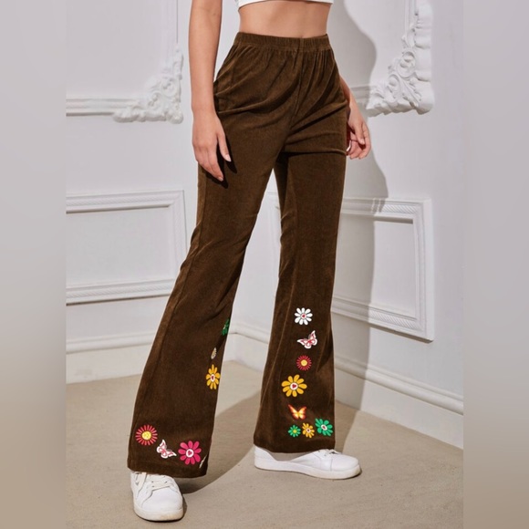 Butterfly and Floral Brown Corduroy Flare Pants - Picture 4 of 13